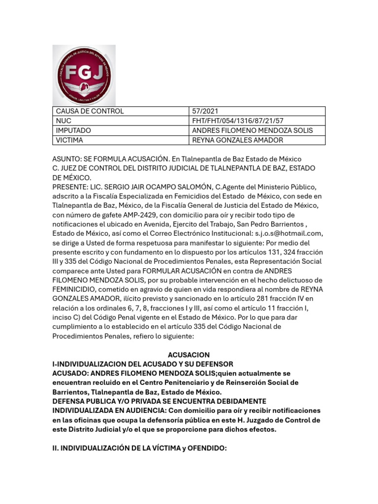 Acusación por feminicidio en Tlalnepantla | PDF | Derecho penal | Castigos
