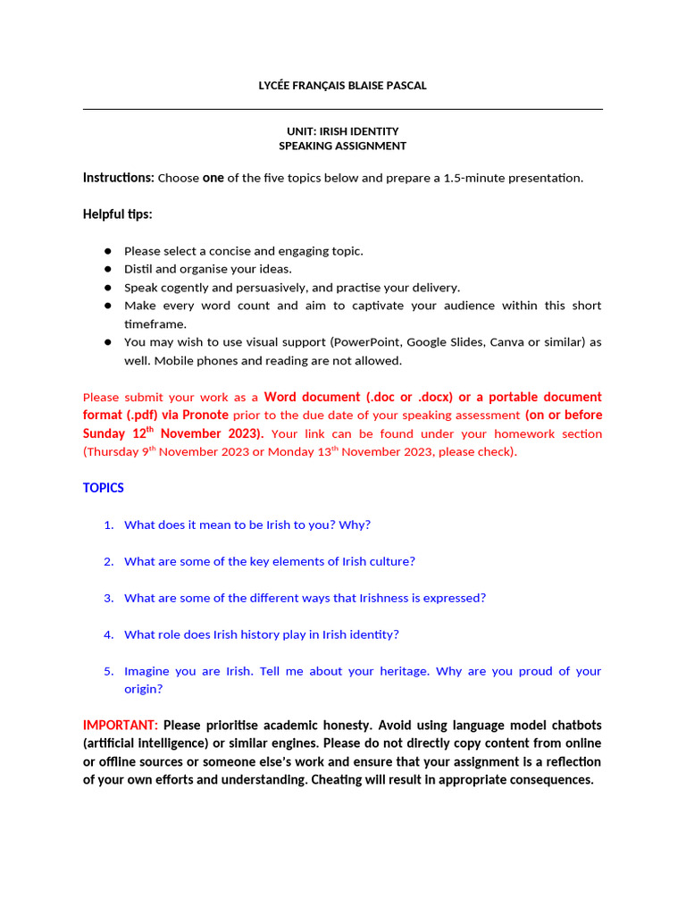 2de - Irish Identity - Speaking Assignment | PDF