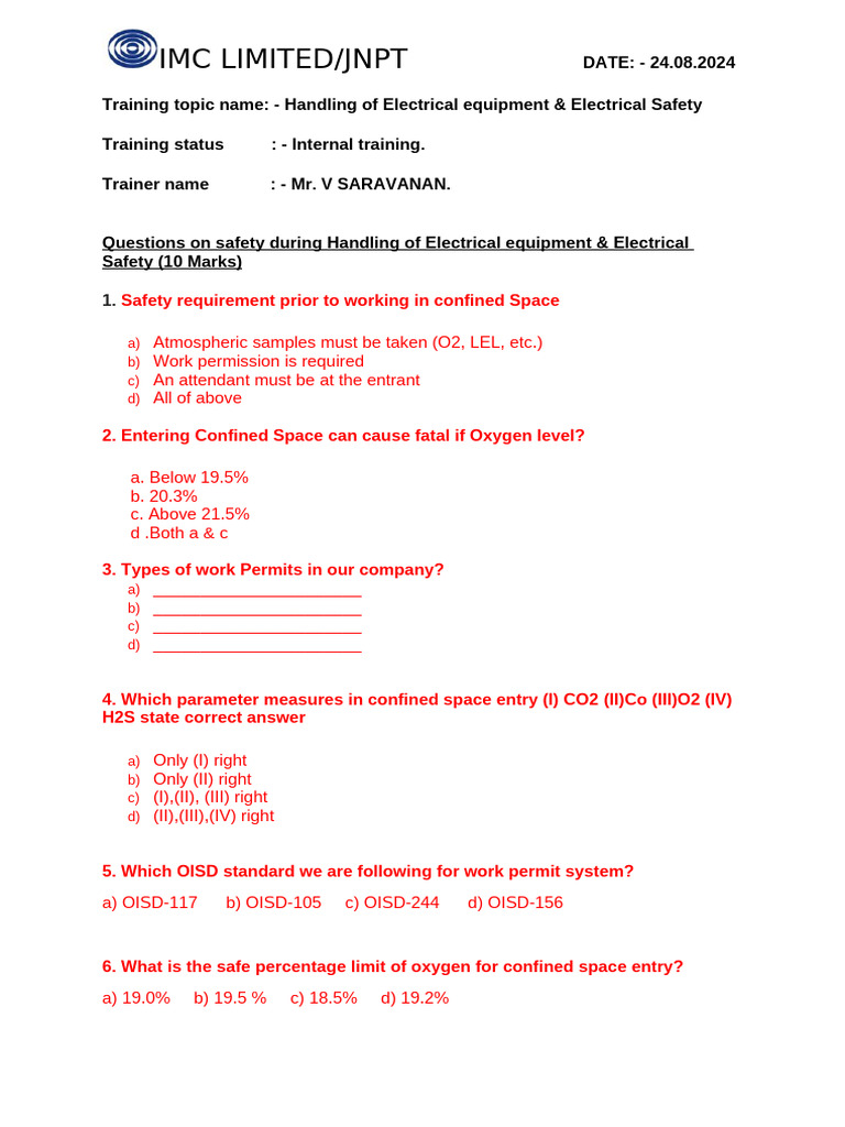 Confined Space Entry Safety Parameters | PDF