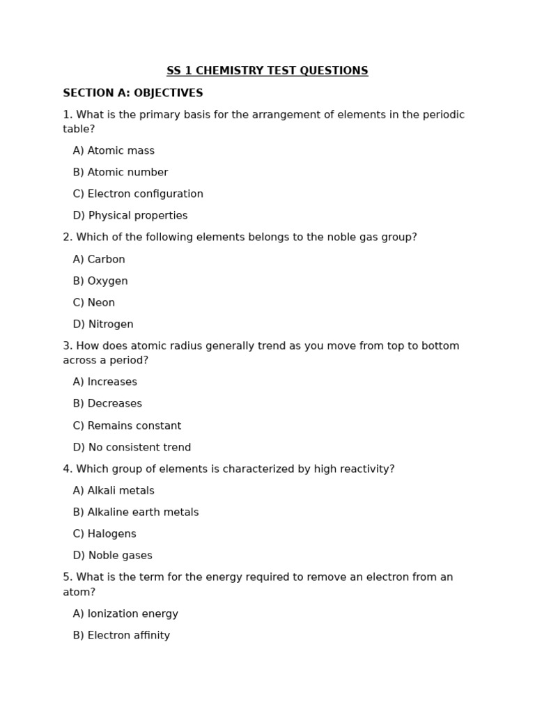 Ss1 Test Questions. (Transformation) | PDF | Chemical Bond | Periodic Table