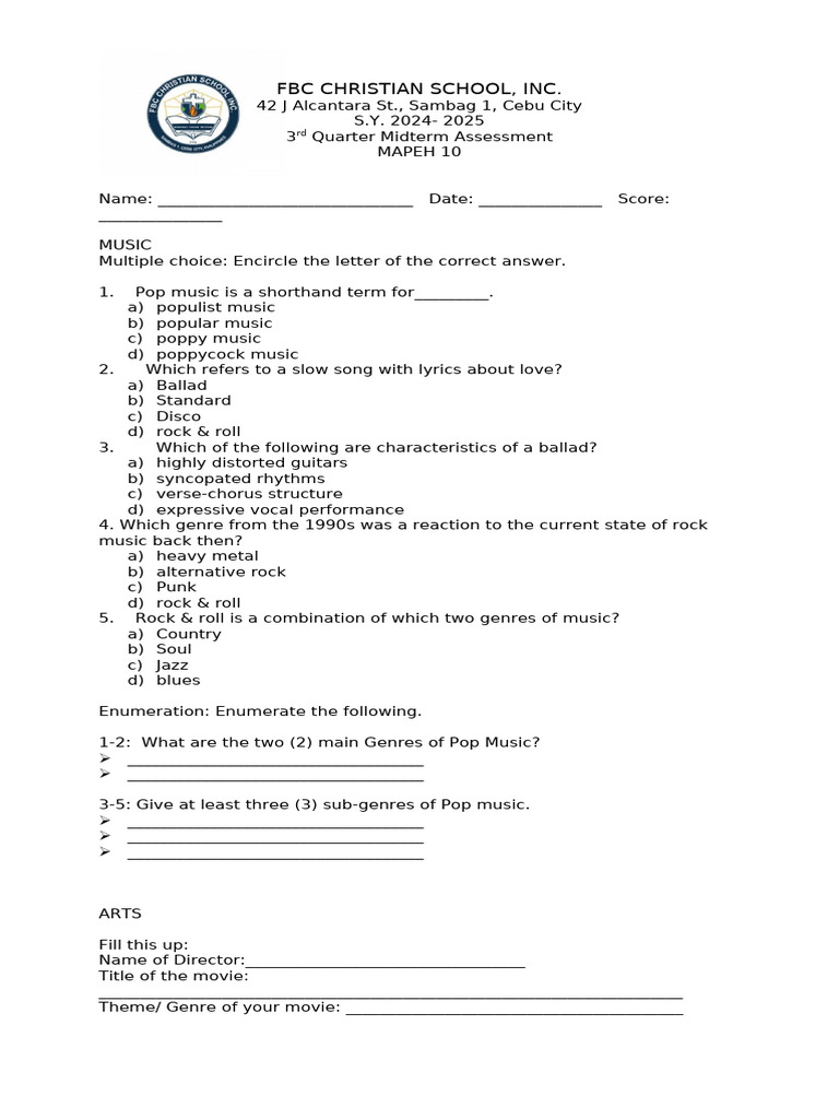 MAPEH 10 Midterm Assessment Guide | PDF | Yoga | Rock Music