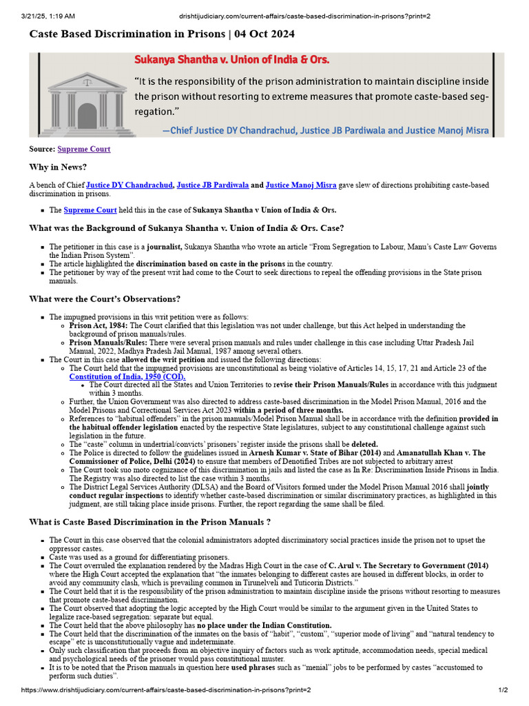 Caste Based Discrimination in Prisons - Print 2 | PDF | Prison | Caste