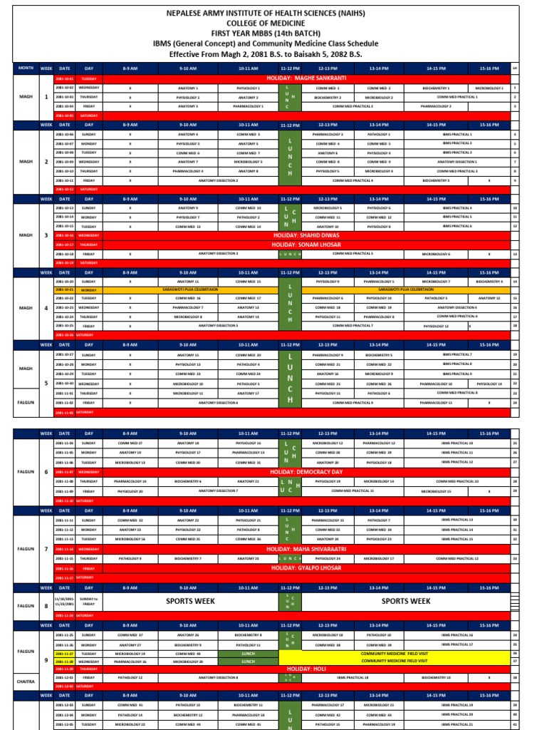 First Year MBBS Class Schedule 2081-82 | PDF | Pathology | Health Sciences