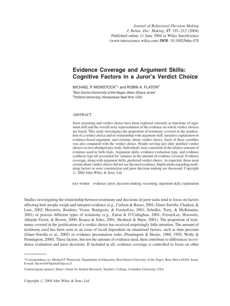 Evidence Coverage and Argument Skills Cognitive Factors in A Juror's ...