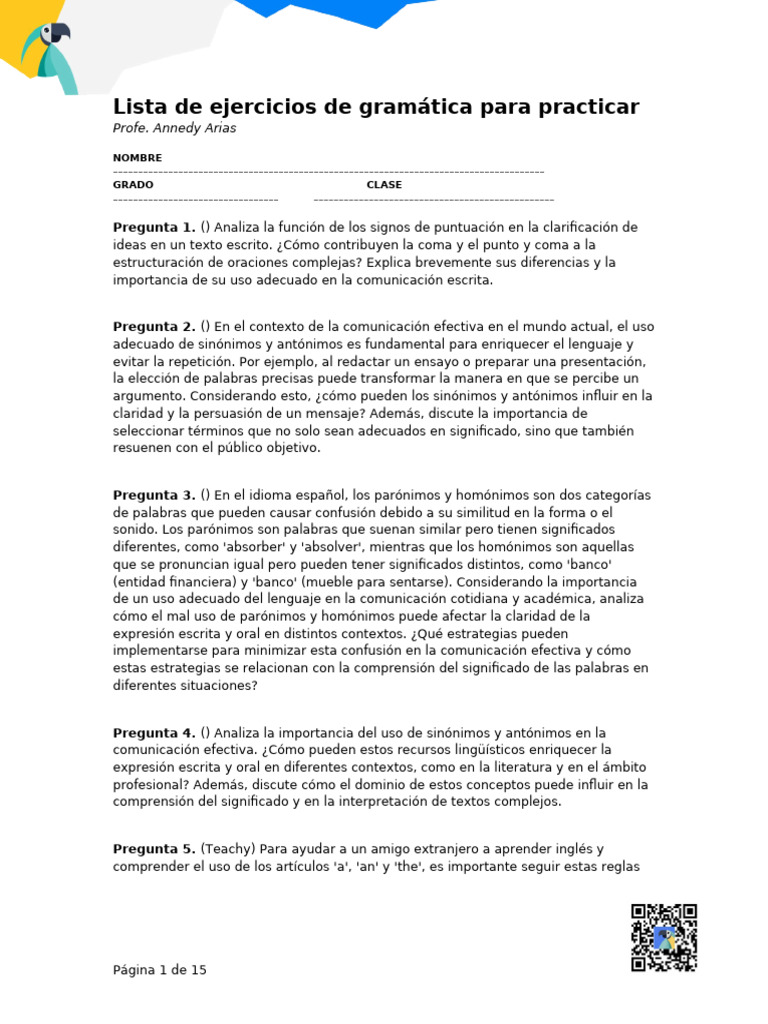 Ejercicios de gramática en español | PDF | Coma | Comunicación
