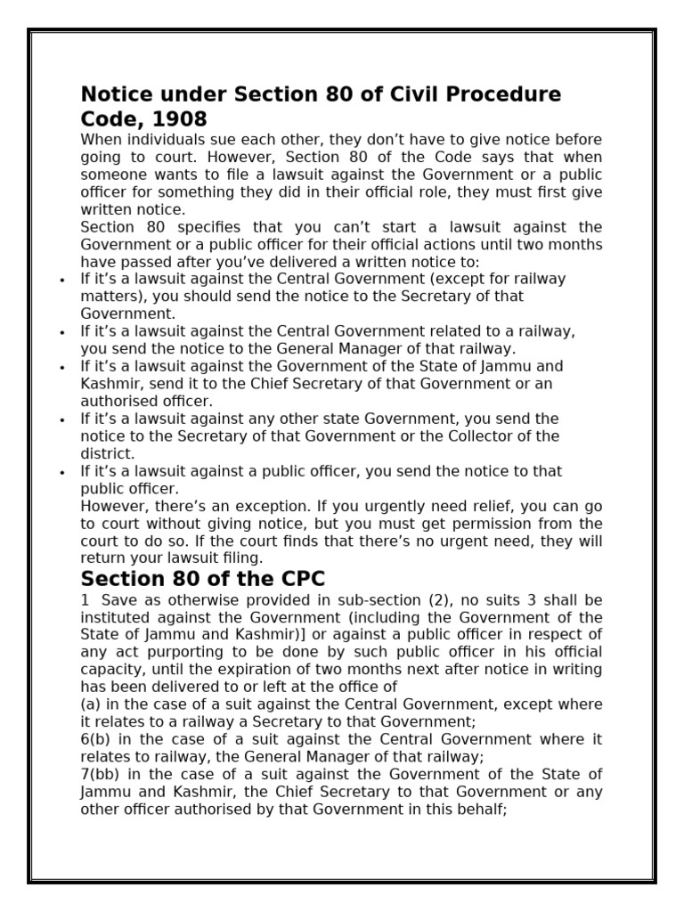 Section 80 CPC: Notice Requirements Explained | PDF | Lawsuit ...