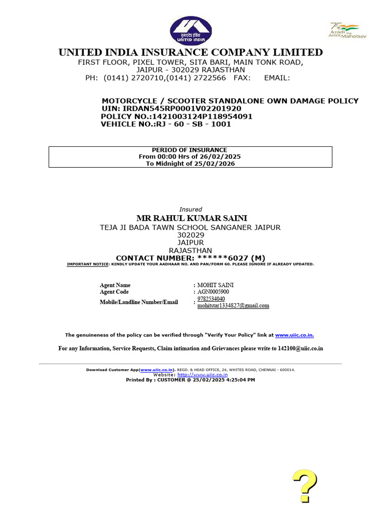 Motorcycle Own Damage Policy Details | PDF | Insurance
