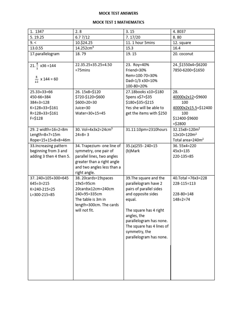 Mathematics and Language Arts Mock Test Answers | PDF