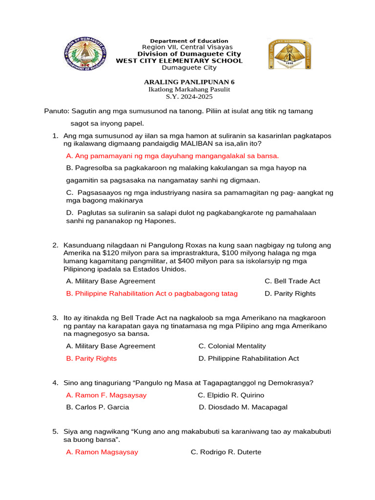 AP 3rd PT (Answer Key) | PDF