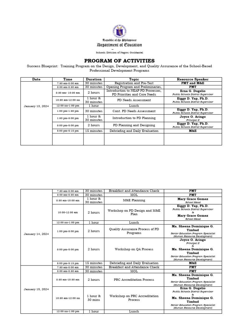 Program of Activities Final | PDF