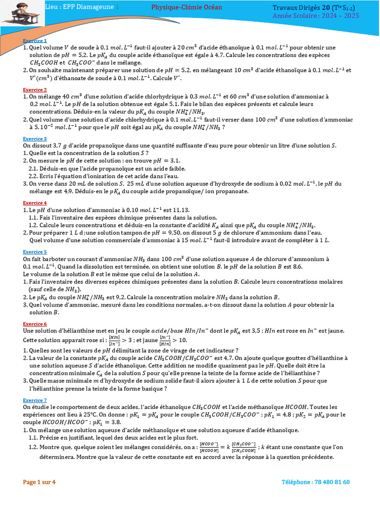 Calculs de pH et solutions acido-basiques | PDF | Ammonium | Acide
