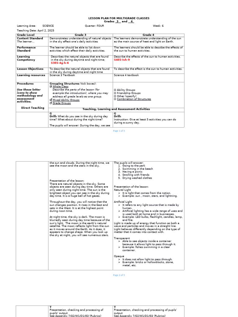 Multigrade Science Lesson Plan: Sky Objects | PDF | Light | Sky
