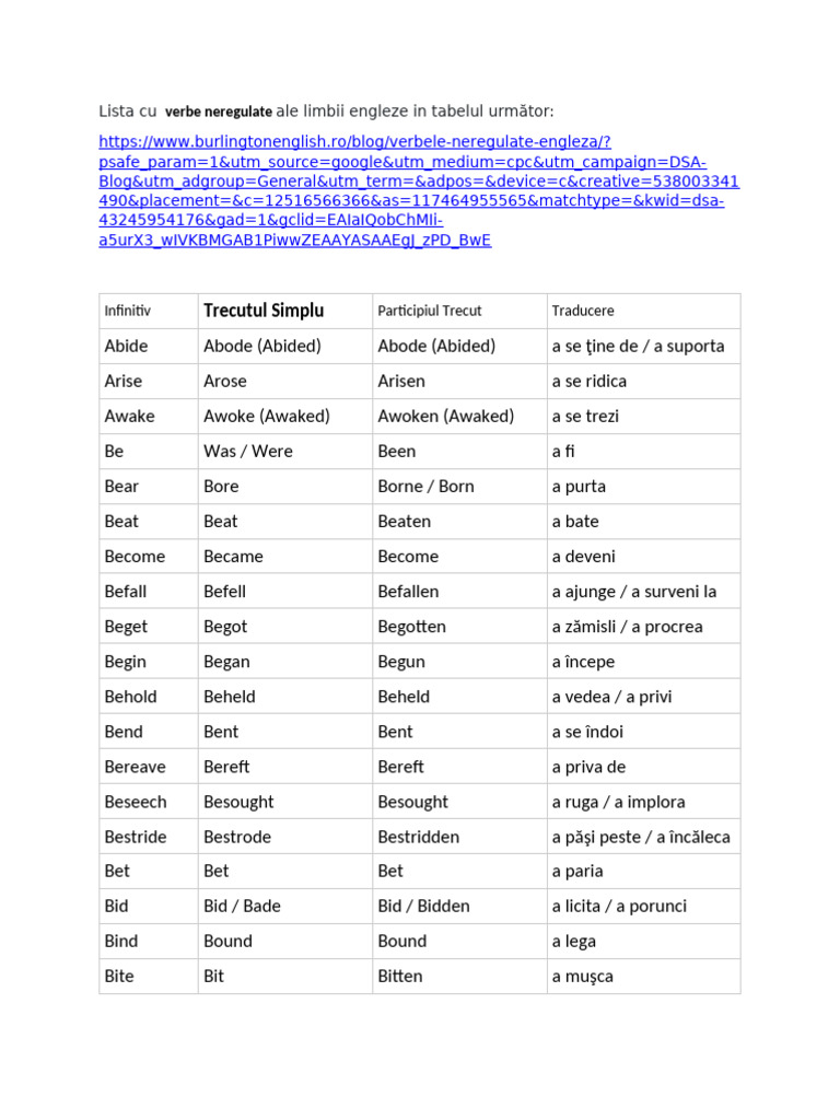 Lista verbelor neregulate și regulate | PDF | Grammatical Conjugation ...