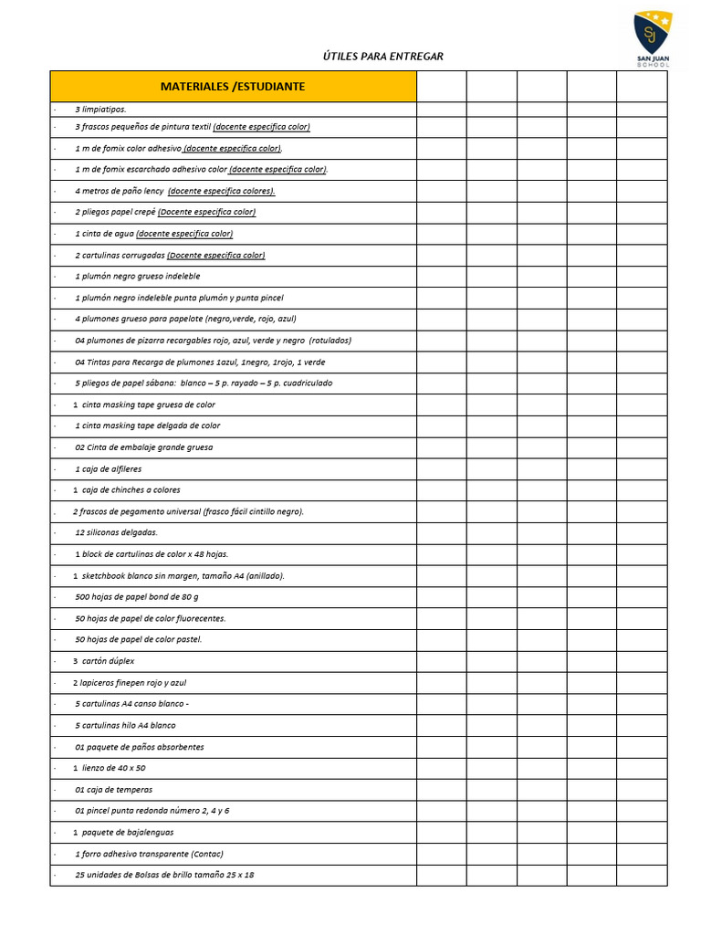 Lista de Útiles - Quinto Grado | PDF