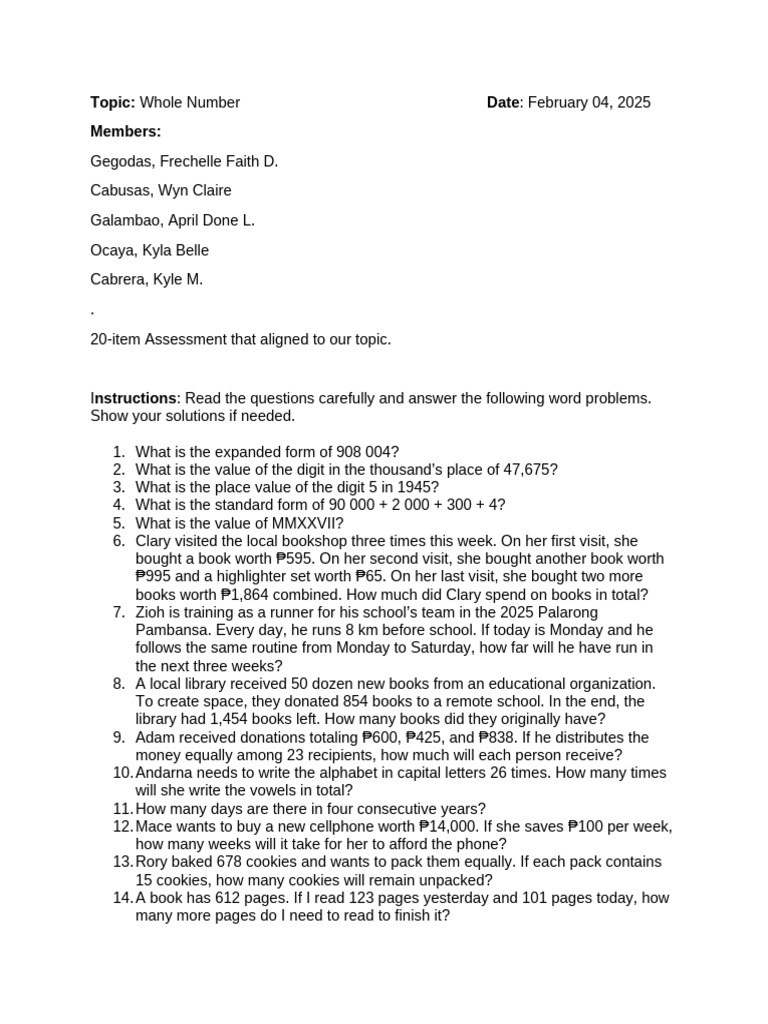 20 Item Assessment | PDF