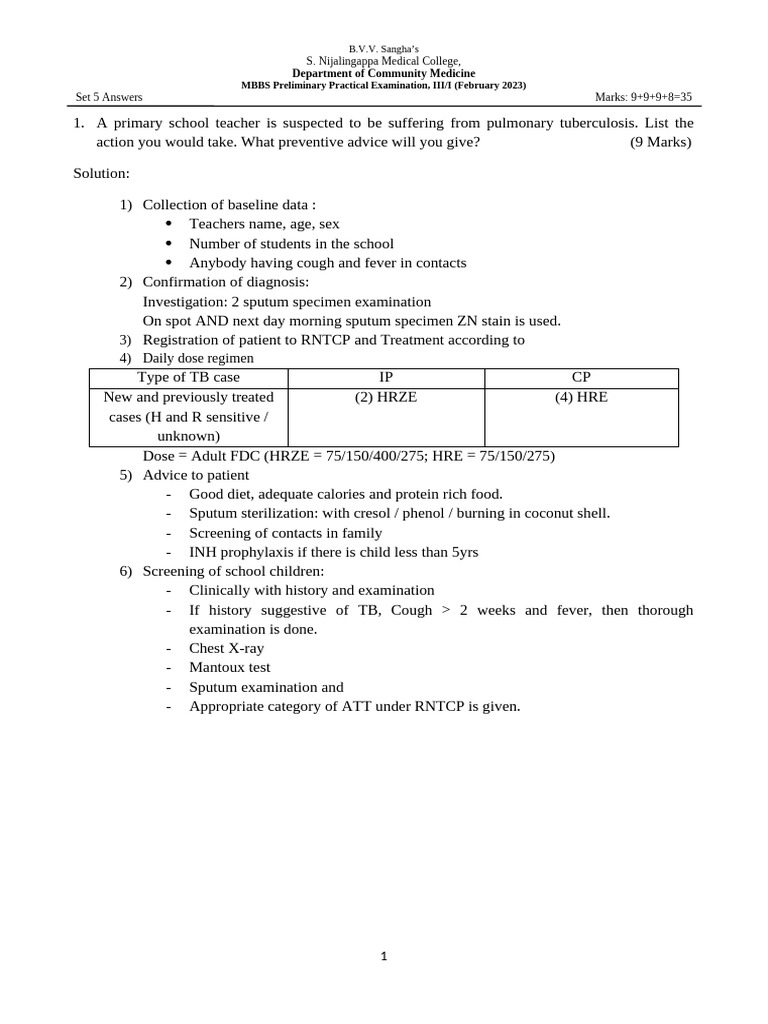 Community Medicine MBBS Exam Answers | PDF | Tuberculosis