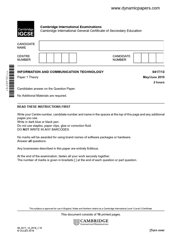 Cambridge ICT IGCSE Exam Paper 2018 | PDF | Computer Hardware | Typefaces
