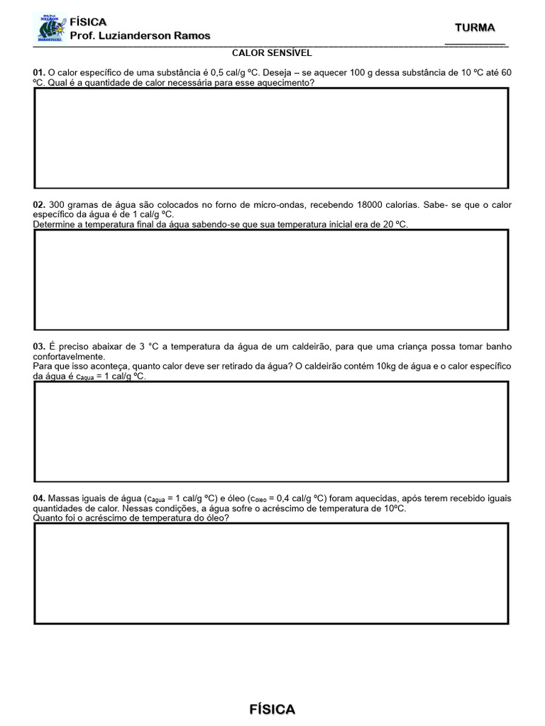Exercícios de Calor Sensível em PDF | PDF | Calor | Temperatura