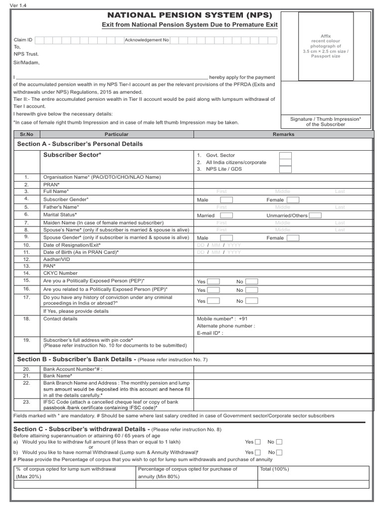 NPS Premature Exit Claim Form | PDF | Life Annuity | Financial Services