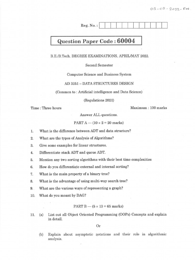 Data Structures Design - AD3251 2021 Regulation - Question Paper 2022 ...