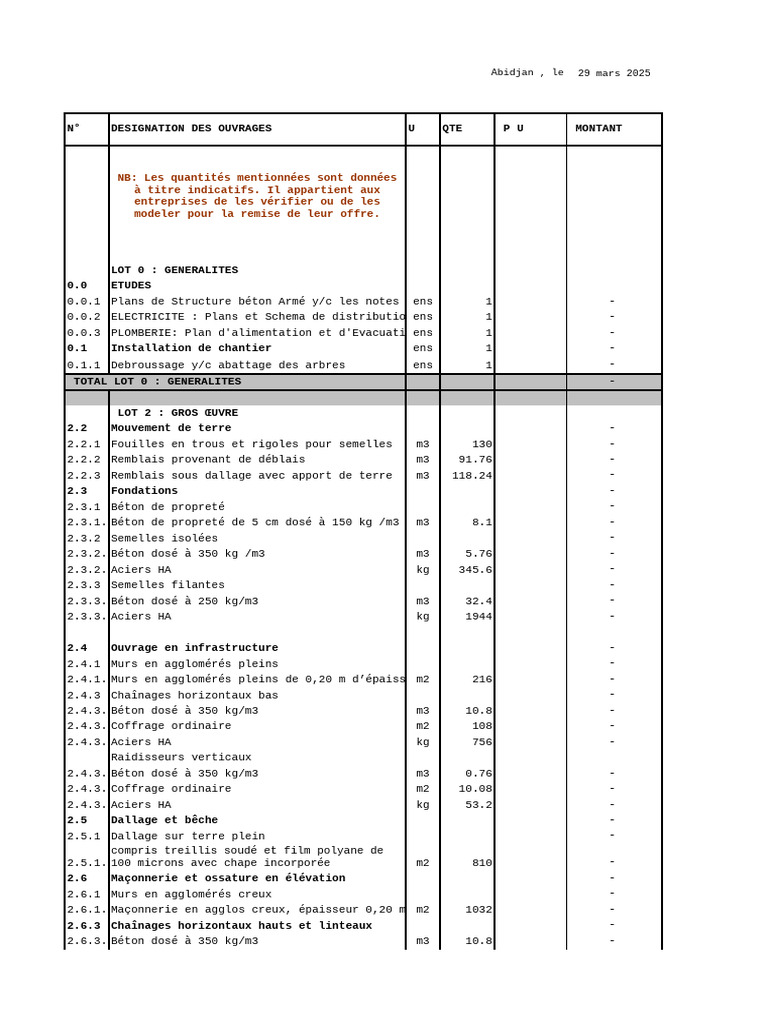 Devis quantitatif bâtiment Excel | PDF | Matériaux de construction ...