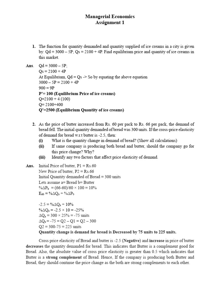 Managerial Economics Assignment1 | PDF | Elasticity (Economics) | Demand