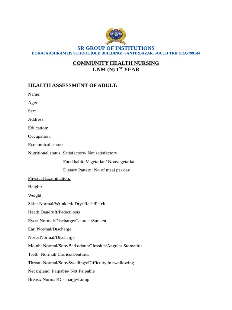 Community Health Nursing Assessment Form | PDF