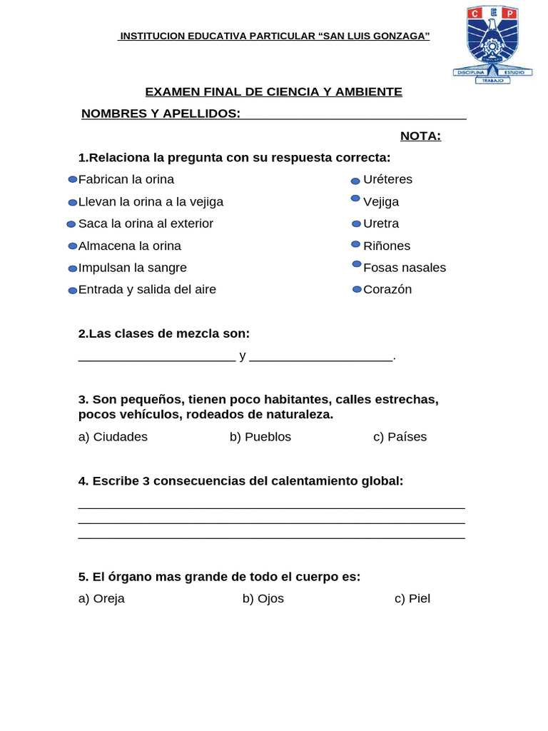 Examen Final de Ciencia y Ambiente | PDF