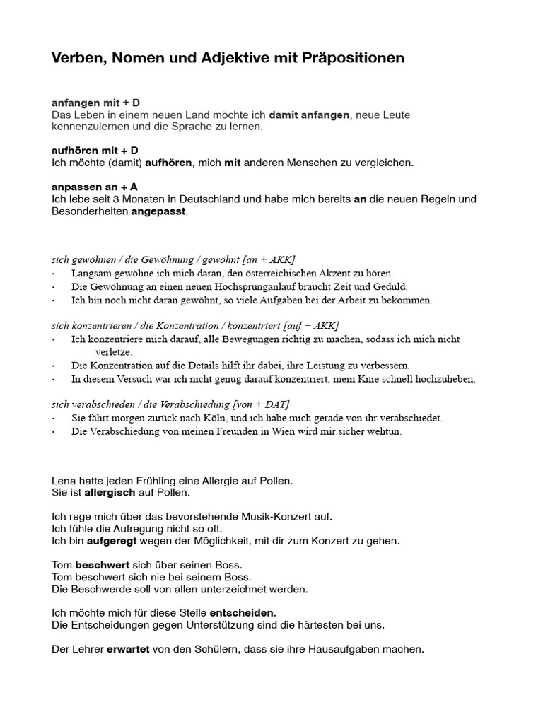 Verben, Nomen & Adjektive Mit Präposition | PDF