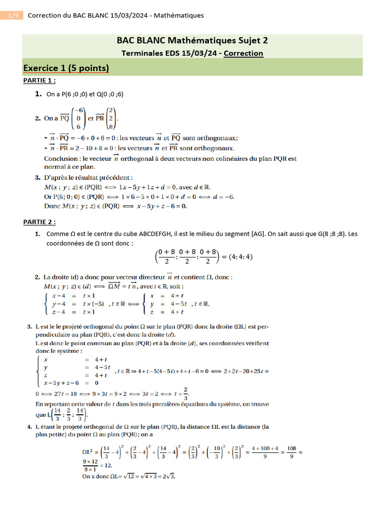 Correction BAC Blanc Mathématiques 2024 | PDF | Asymptote | Limite ...
