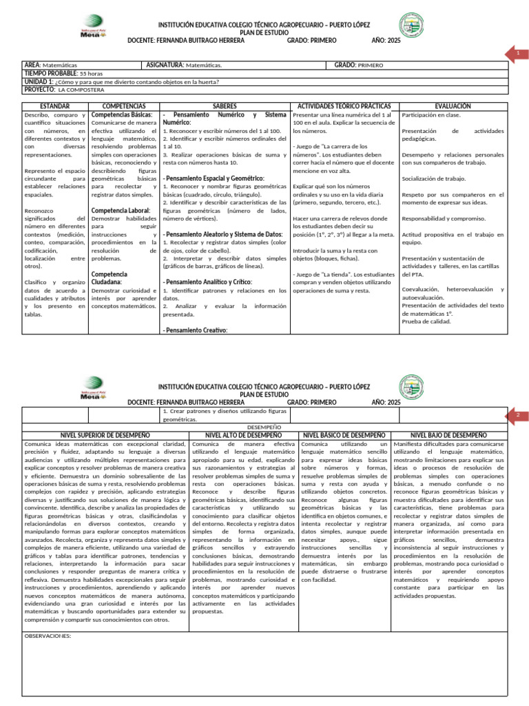Plan de Estudio de Matemáticas 1° 2025 | PDF | Geometría | Matemáticas