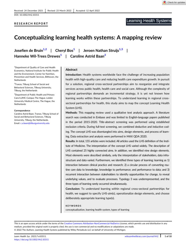 Learning Health Systems - 2022 - Bruin - Conceptualizing Learning ...