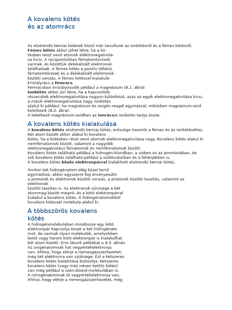 A Kovalens Kötés És Az Atomrács. Savak És Bázisok. | PDF