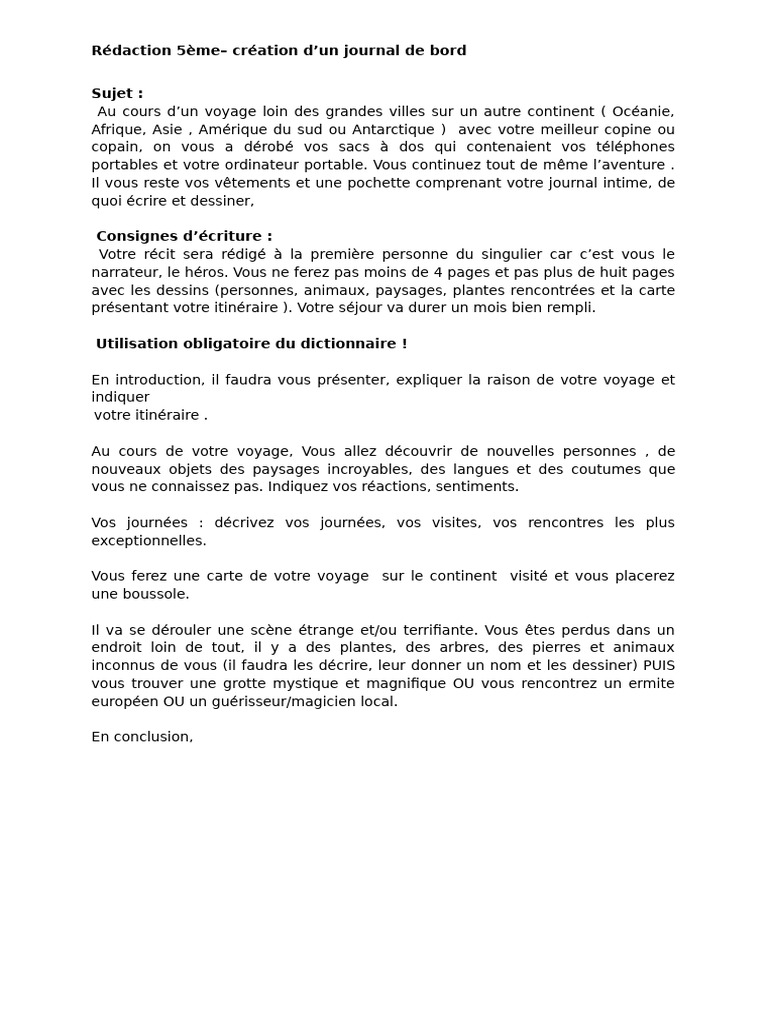Rédaction d'un journal de bord en 5ème | PDF