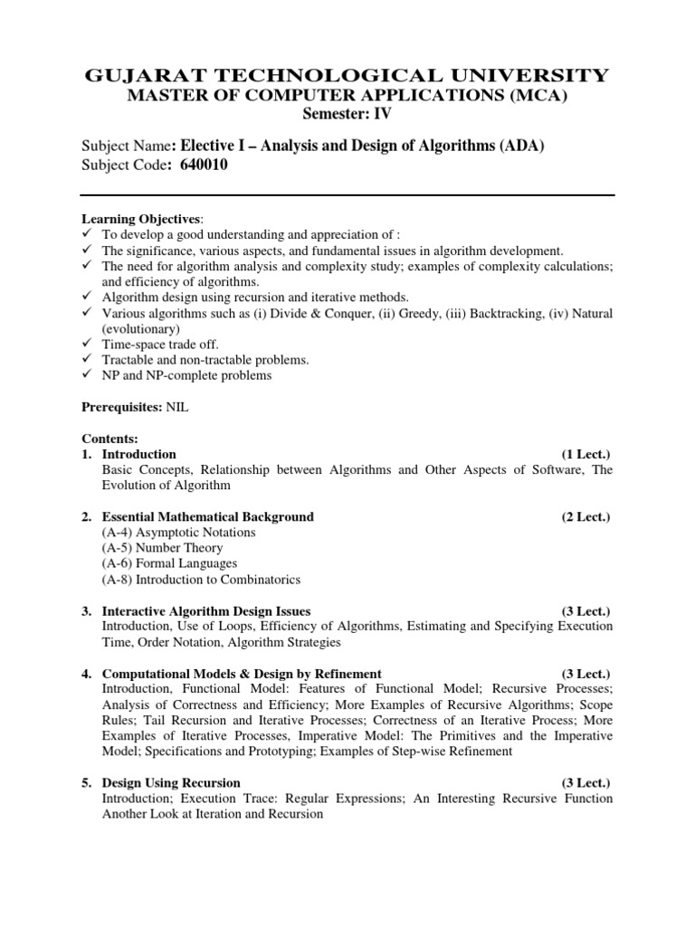 Analysis and Design of Algorithms - ADA - Elective I | PDF ...