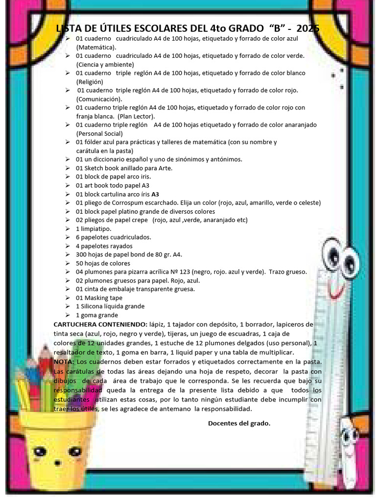 Lista de Útiles Escolares Del Cuarto Grado | PDF | Cuaderno | Color