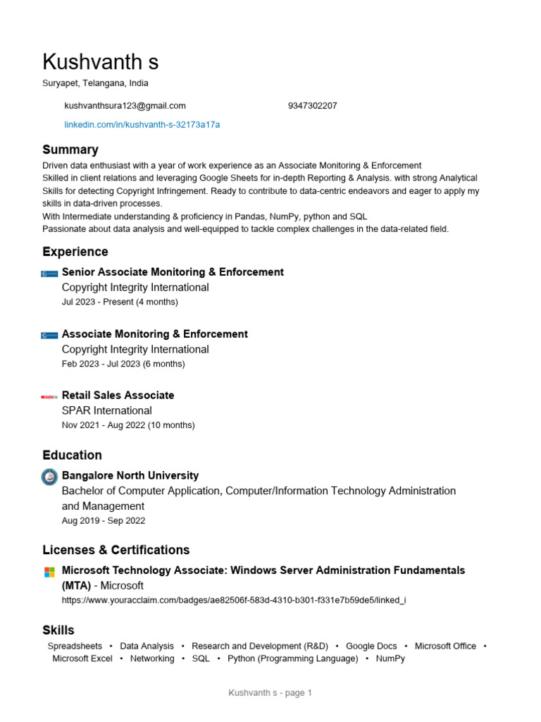 Resume kushvanth s pdf