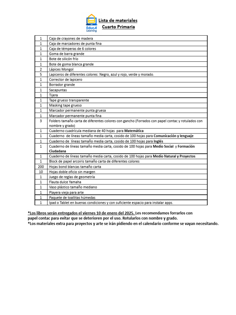 Lista de Útiles Escolares CUARTO PRIMARIA 2025doc - 250329 - 122751 | PDF