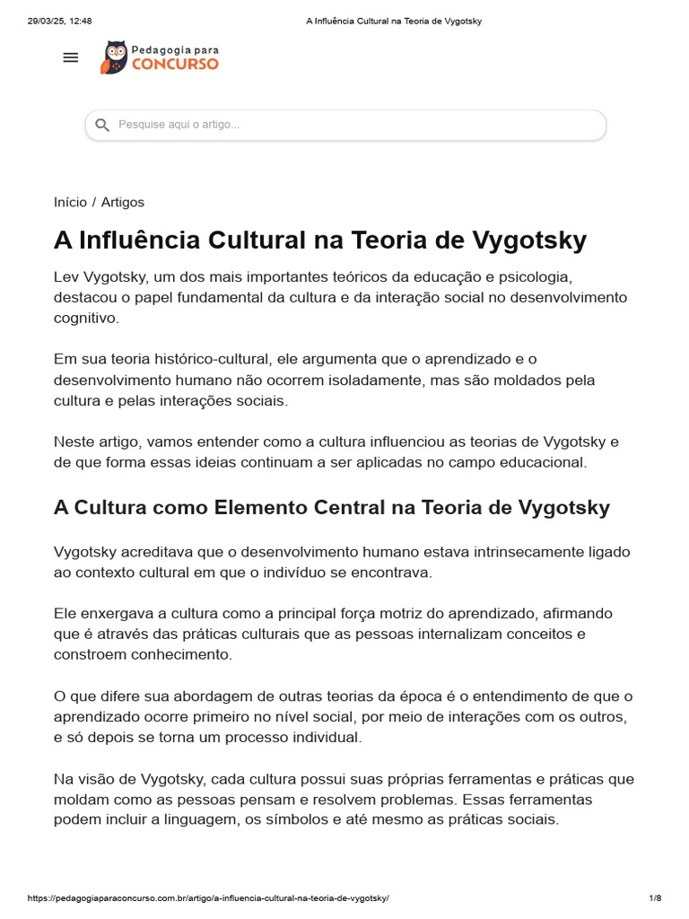 Cultura e Teoria de Vygotsky na Educação | PDF | Aprendizado | Pedagogia