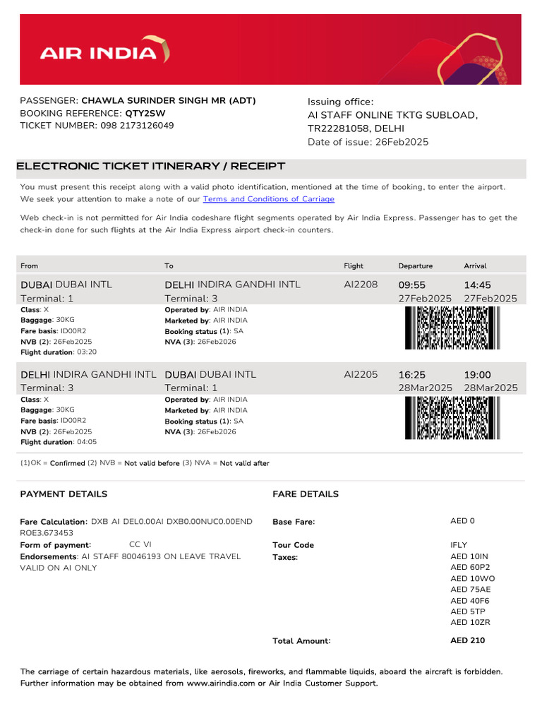 Air India Express Ticket Itinerary | PDF
