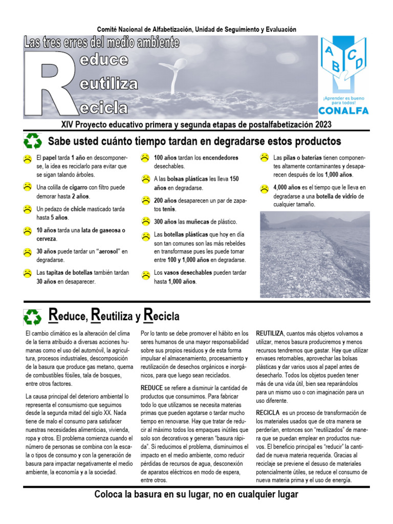 Hoja lectura las 3R del medio ambiente 2023 | PDF | Residuos | Reciclaje