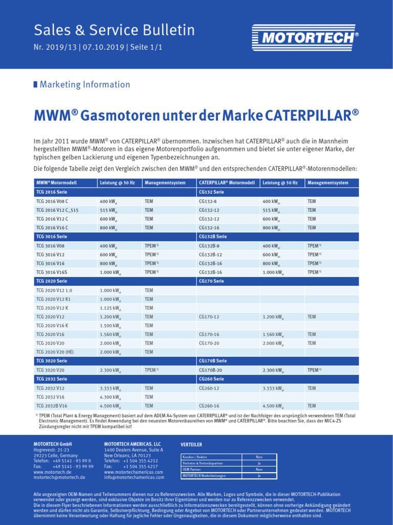 Motortech Bulletin 2019 13 Mari MWM Gas Engines Under Caterpillar Brand ...