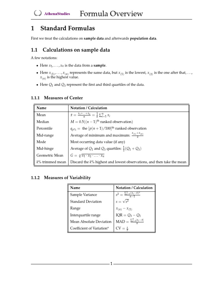 Statistical Formulas for Data Analysis | PDF | Variance | Statistics