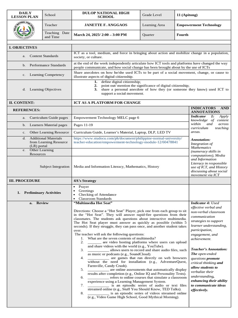 Empowerment Tech Lesson Plan for Grade 11 | PDF | Educational ...