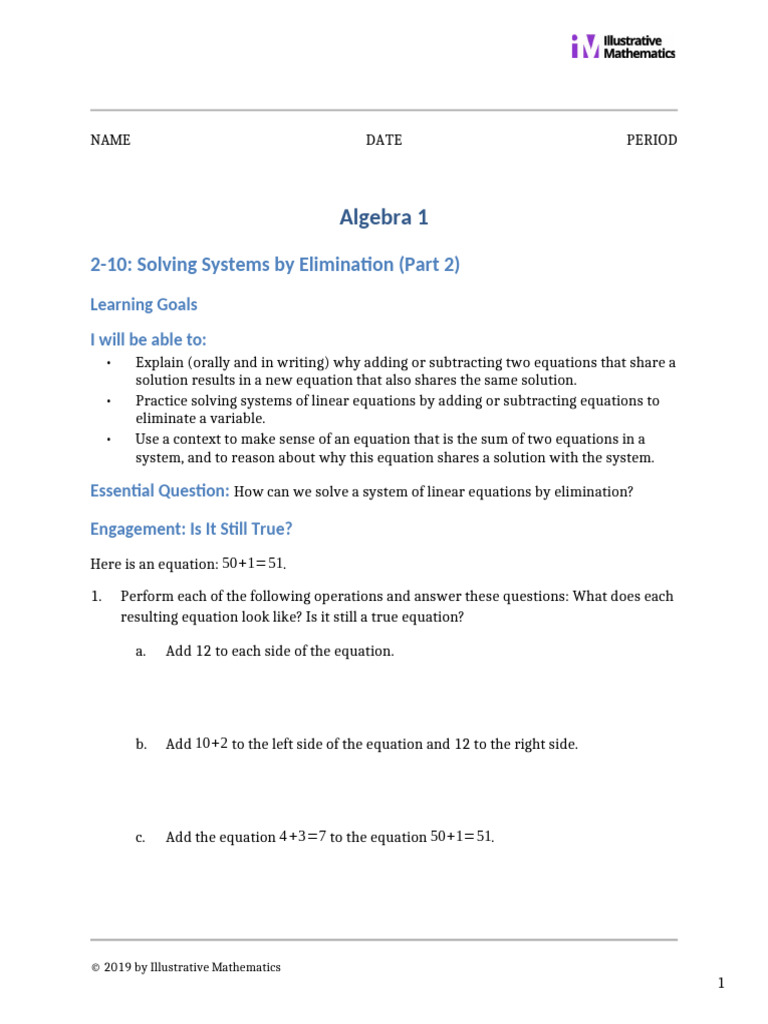 Algebra1 Lesson 2 10 IM | PDF | Equations | Algebra