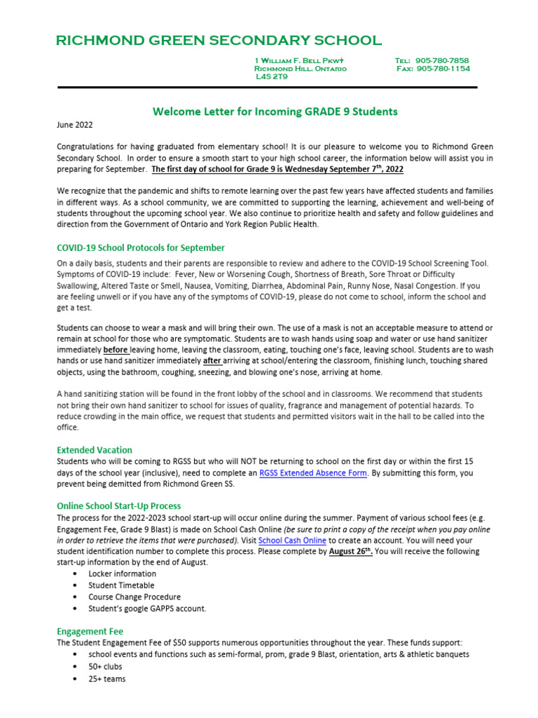 Grade 9 Welcome Letter for RGSS 2022 | PDF | Diseases And Disorders