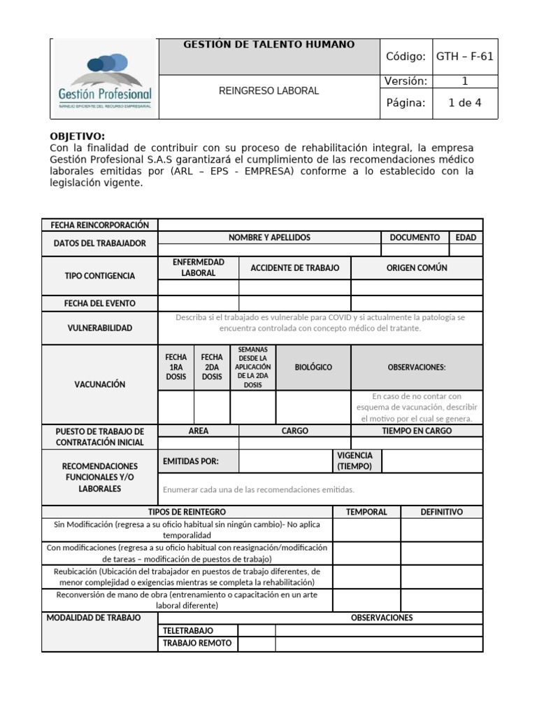 Proceso de Reingreso Laboral | PDF