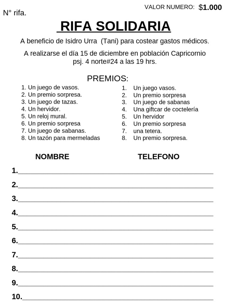 Rifa Solidaria: Premios y Detalles | PDF