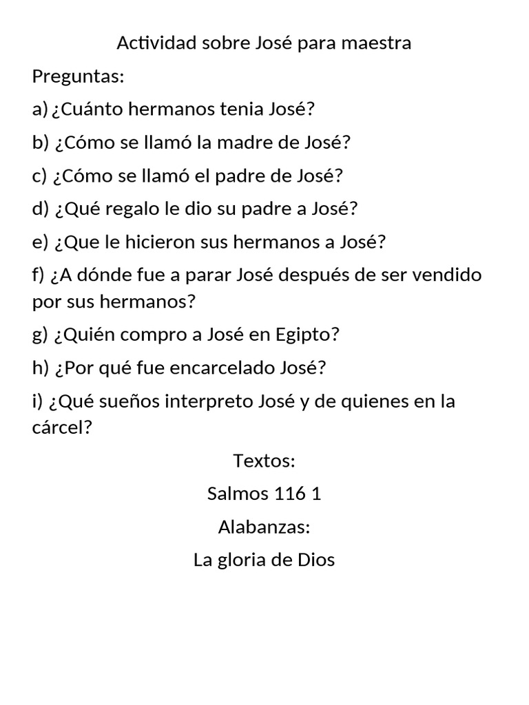 Actividad sobre la vida de José | PDF