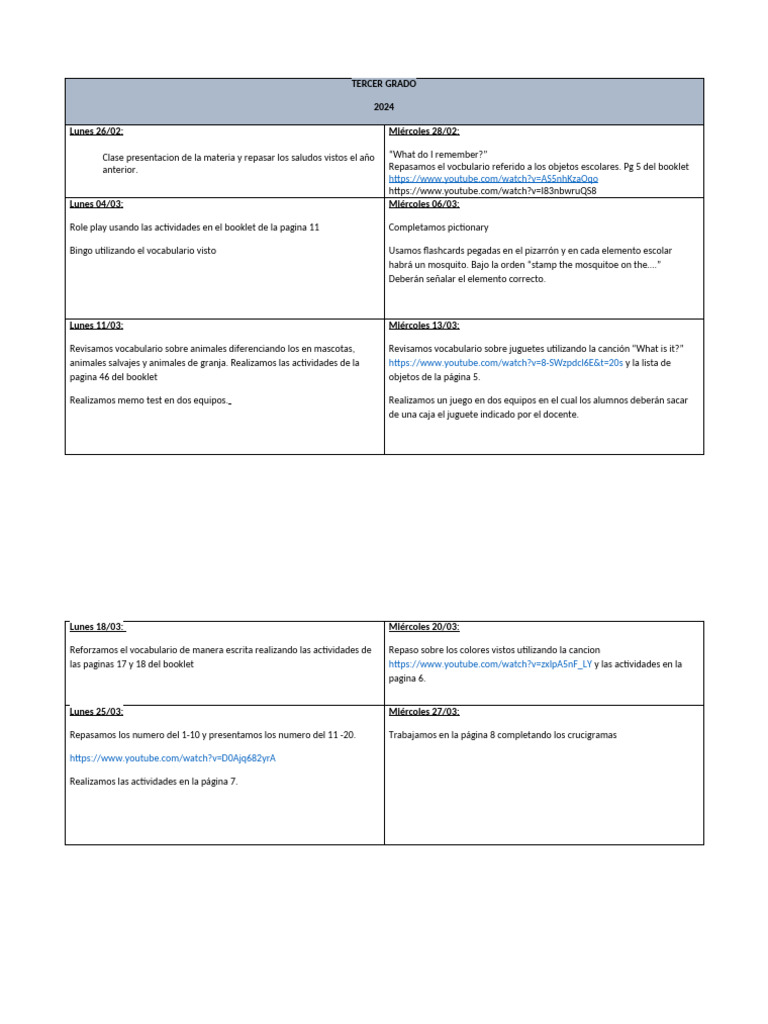 Plan de Trabajo Tercer Grado 2024 | PDF